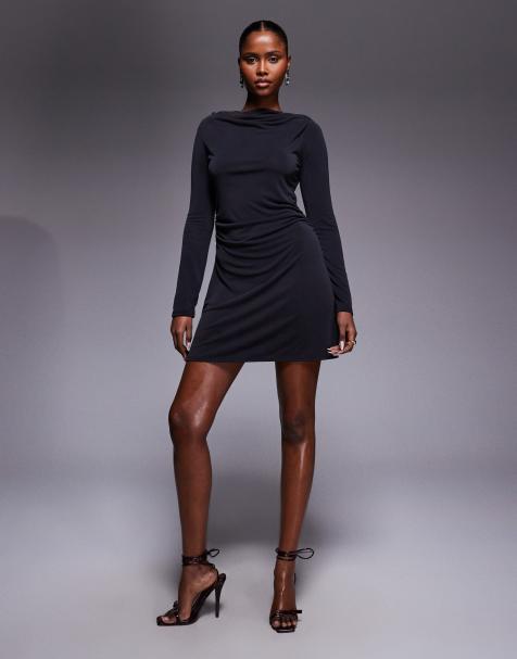 Vestido corto negro de manga larga con cuello desbocado y detalle fruncido de modal de ASOS DESIGN - view 1
