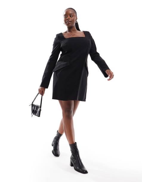 Vestido corto negro de manga larga con detalle de bolsillos de bengalina de ASOS DESIGN Curve - view 1