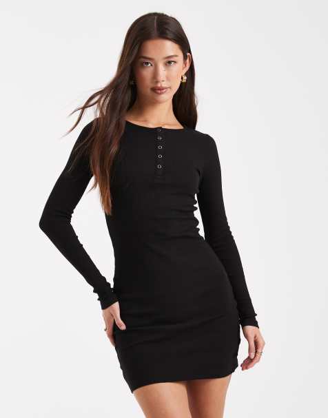 Vestido corto negro de manga larga con detalle de botones de punto acanalado de Brave Soul - view 1