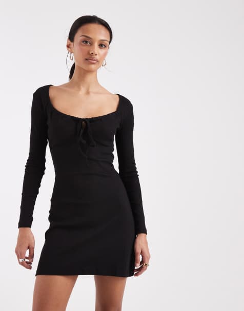 Vestido corto negro de manga larga con detalle de lazada delantera de punto liso de Brave Soul - view 1