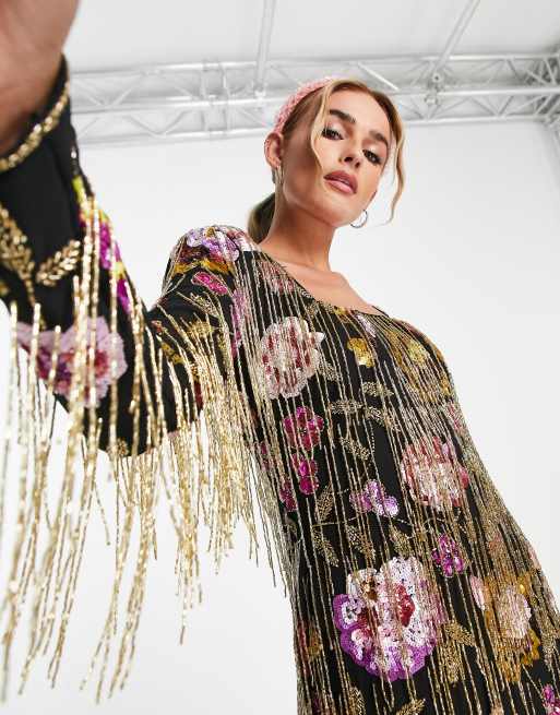 Vestido corto negro de manga larga con diseño floral adornado y detalle de flecos premium de Miss Selfridge 
