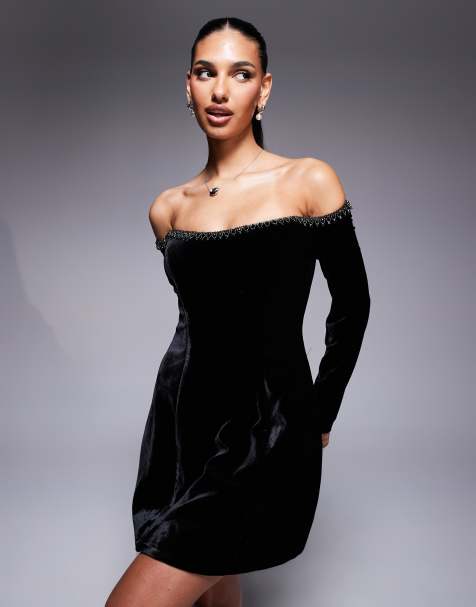 Vestido corto negro de manga larga con escote Bardot con detalle adornado Nadene de Bardot - view 1