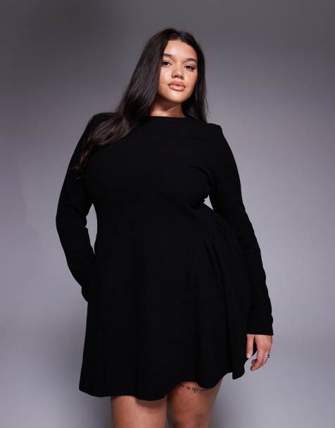 Vestido corto negro de manga larga con falda de godets de tejido muy suave de ASOS DESIGN Curve - view 1