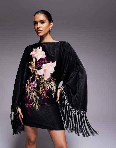 Vestido corto negro de manga larga con patrón floral bordado y flecos de ASOS DESIGN - view 1
