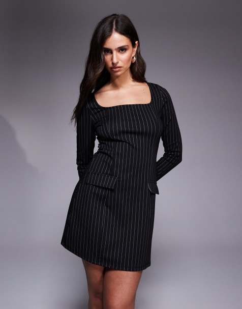 Vestido corto negro de manga larga con raya diplomática de New Look - view 1