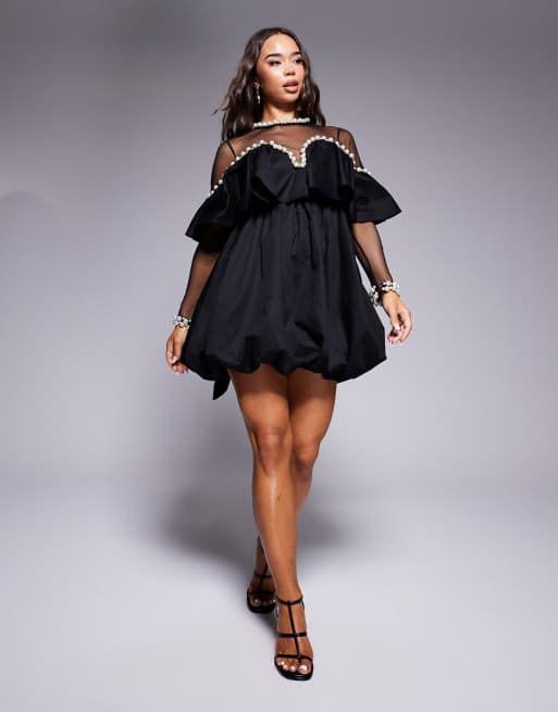 Vestido corto negro de manga larga de satén de algodón con detalle de perlas de ASOS LUXE, 2 de 4
