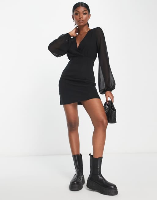 Vestido corto negro de manga larga de tejido transparente de ASOS DESIGN , 2 de 4