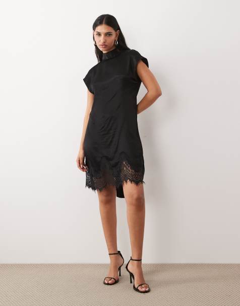 Vestido corto negro de satén con detalle de fular y bajo de encaje de ASOS DESIGN - view 1