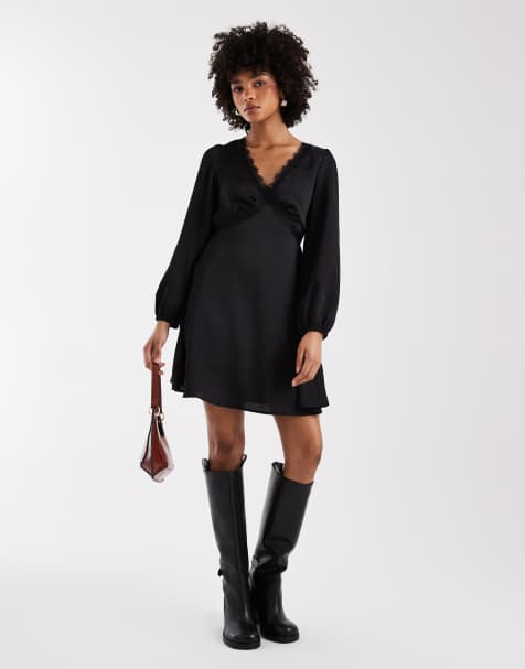 Vestido corto negro de satén con ribete de encaje de New Look - view 1