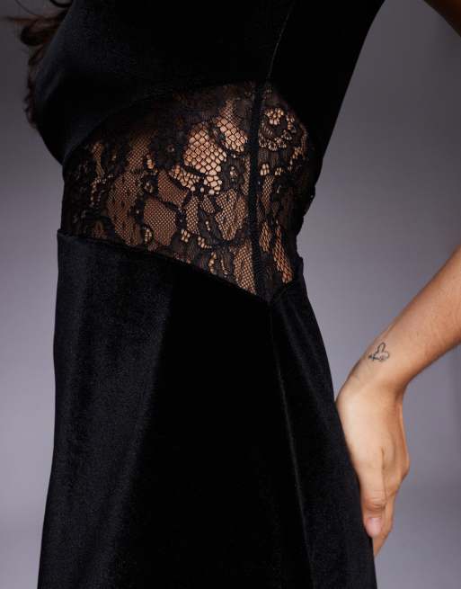 Vestido corto negro de terciopelo con inserto de encaje de ASOS DESIGN, 3 de 4
