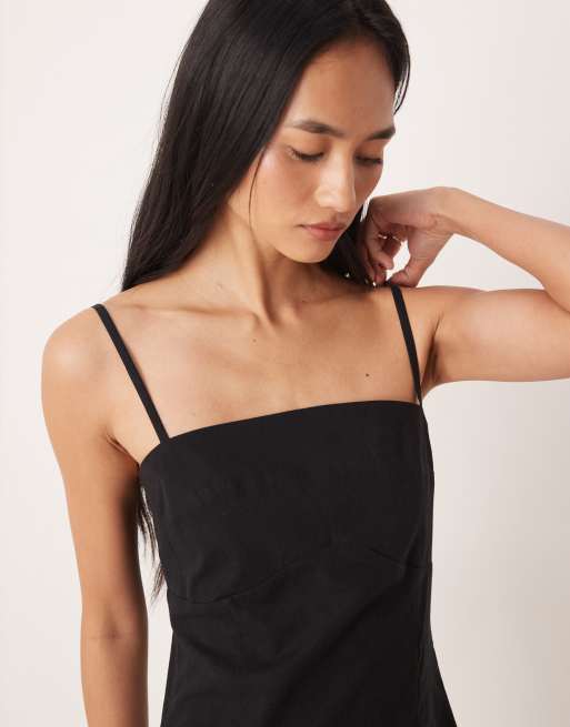 Vestido corto negro de tirantes con busto moldeado de algodón y lino de ASOS DESIGN , 3 de 4
