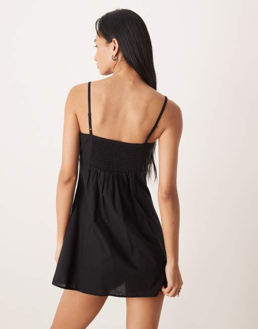 Vestido corto negro de tirantes con busto moldeado de algodón y lino de ASOS DESIGN , 4 de 4