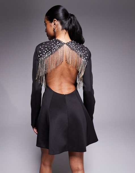 Vestido corto negro estilo americana con espalda abierta y flecos de tejido efecto neopreno de ASOS DESIGN - view 1