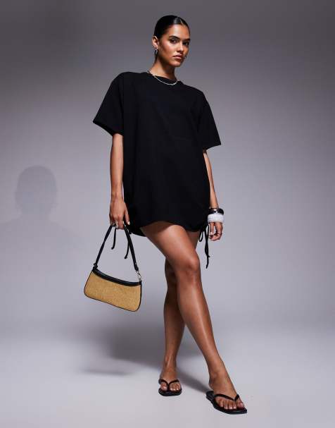 Vestido corto negro estilo camiseta con lazadas fruncidas en el lateral de algodón de Fashionkilla - view 1