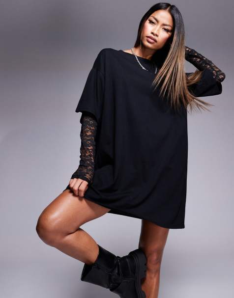 Vestido corto negro estilo camiseta con mangas de encaje de ASOS DESIGN - view 1