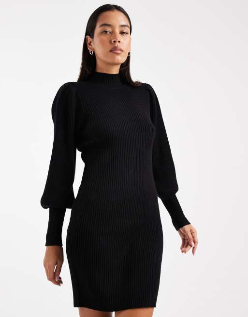 Vestido corto negro estilo jersey con cuello alto y mangas abullonadas de Only , 4 de 4