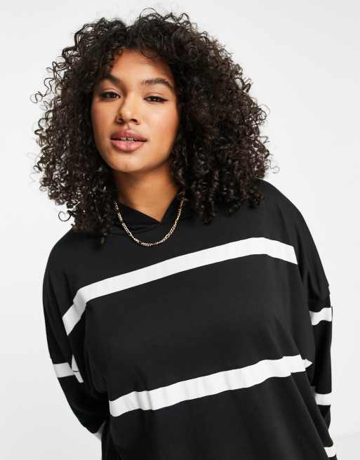 Vestido corto negro estilo sudadera con capucha a rayas blancas de ASOS DESIGN Curve, 2 de 4