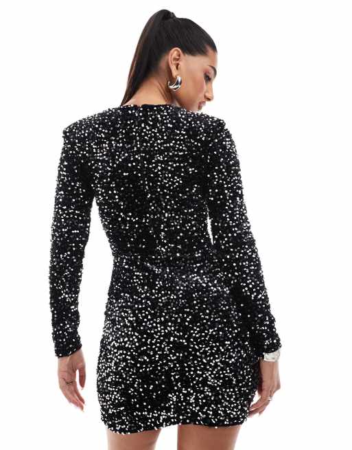 Vestido corto negro estructurado de manga larga de lentejuelas de