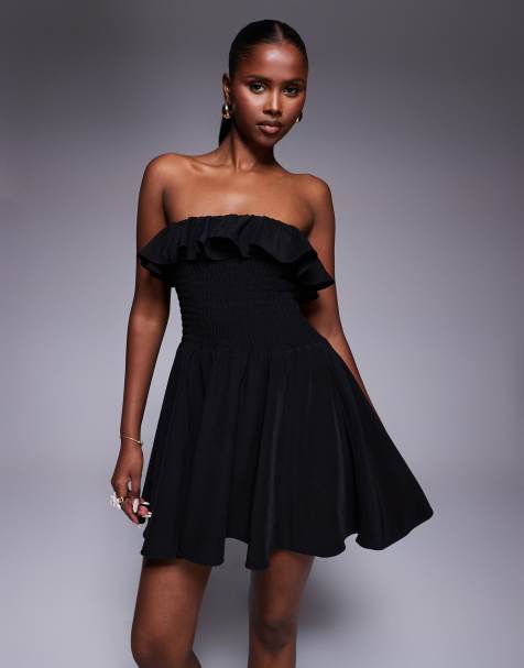 Vestido corto negro fruncido con escote palabra de honor y ribete de volante de Missyempire - view 1