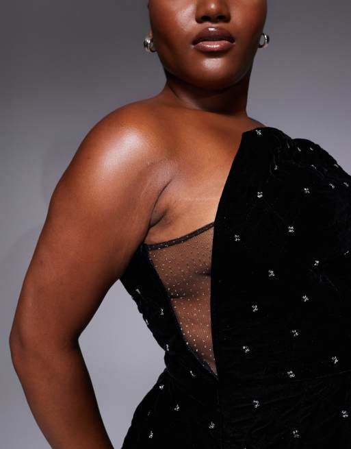 Vestido corto negro guateado de terciopelo con detalles de strass de ASOS LUXE Curve, 3 de 4