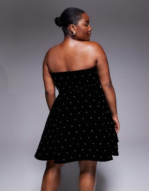 Vestido corto negro guateado de terciopelo con detalles de strass de ASOS LUXE Curve, 4 de 4