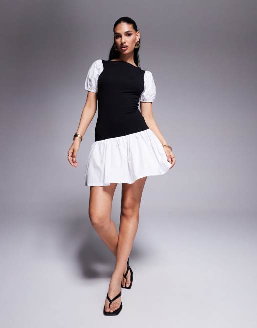 Vestido corto negro monocromático con mangas abullonadas de mezcla de popelina de ASOS DESIGN