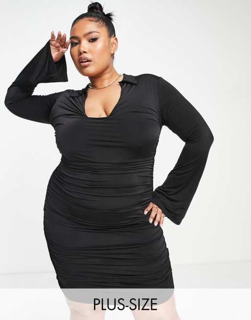 Vestido corto negro quemado ajustado y escotado con diseño de dos capas y laterales fruncidos de Public Desire Curve
