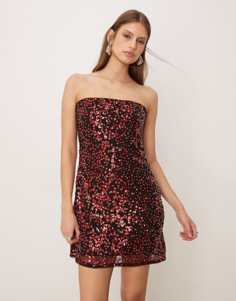 Vestido corto negro sin tirantes con minifalda pantalón y lentejuelas rojas Scarlett de Abercrombie & Fitch - view 1