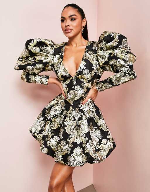 Vestido corto negro y dorado con bajo abullonado de jacquard de ASOS Luxe |  ASOS
