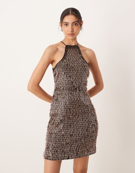 Vestido corto negro y dorado con diseño abierto de lentejuelas rizadas de Amy Lynn - view 1