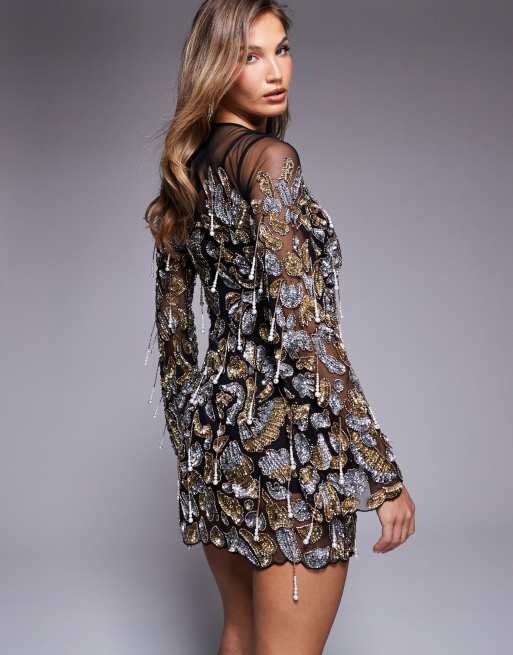 Vestido corto negro y dorado de malla con abalorios engastados de ASOS LUXE , 3 de 4