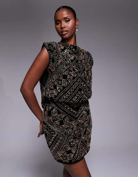 Vestido corto negro y plateado con cuello desbocado y diseño integral adornado de lentejuelas y terciopelo de ASOS DESIGN - view 1