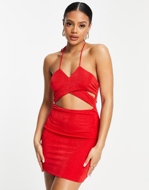 Vestido corto rojo con aberturas y diseño cruzado en la parte delantera de Parallel Lines