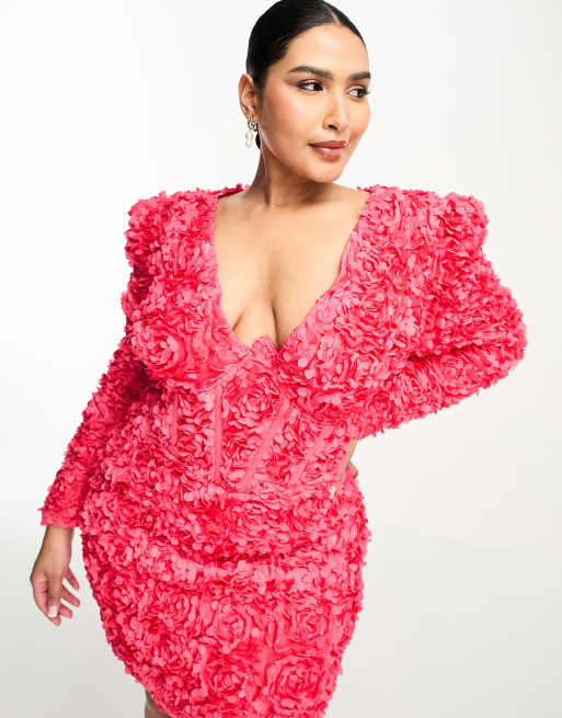 Vestido corto rojo con diseño tipo corsé, cuello de pico y estampado floral en 3D de ASOS Luxe Curve