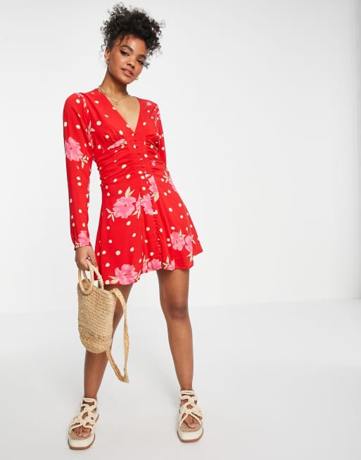 Vestido corto rojo con estampado de flores y lunares Date night de Free People