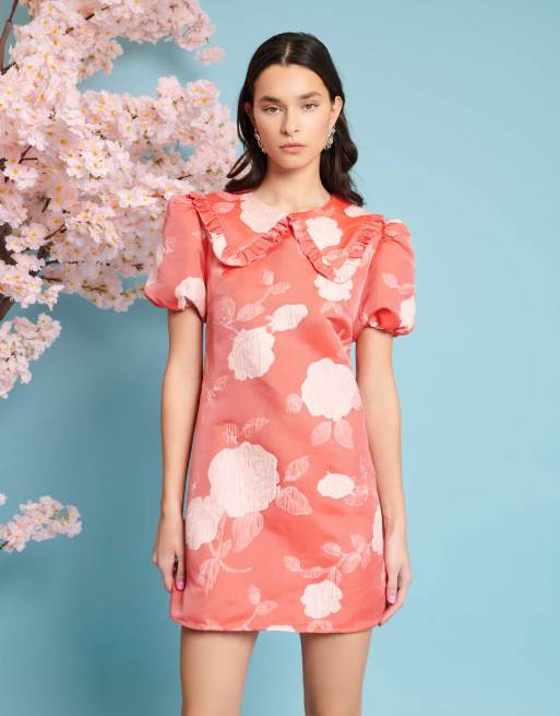 Vestido corto rojo con estampado floral de jacquard y cuello de solapas de Sister Jane