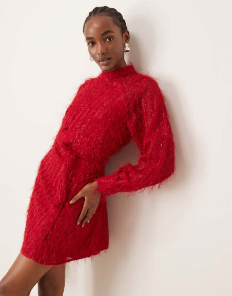 Vestido corto rojo con lazada en la cintura de tejido texturizado mullido de Vila - view 1
