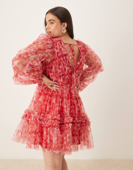 Vestido corto rojo con mangas globo y estampado floral de organza de Lace & Beads Plus, 4 de 4