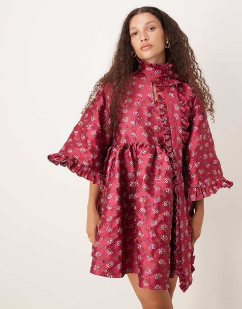 Vestido corto rojo con patrón floral de jacquard y lazada al cuello extragrande de Sister Jane - view 1