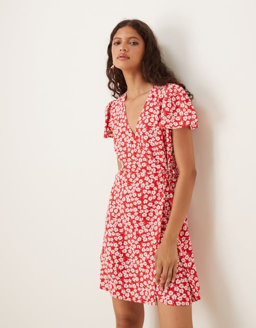 Vestido corto rojo cruzado con estampado floral de JDY, 3 de 4