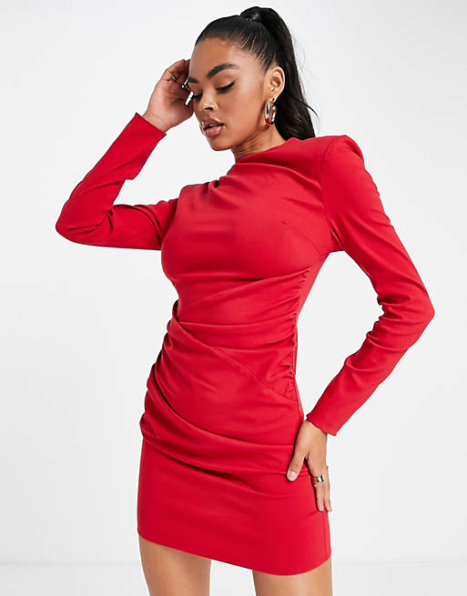 Vestido corto rojo de manga larga con diseño estructurado y detalle plisado  de ASOS DESIGN | ASOS