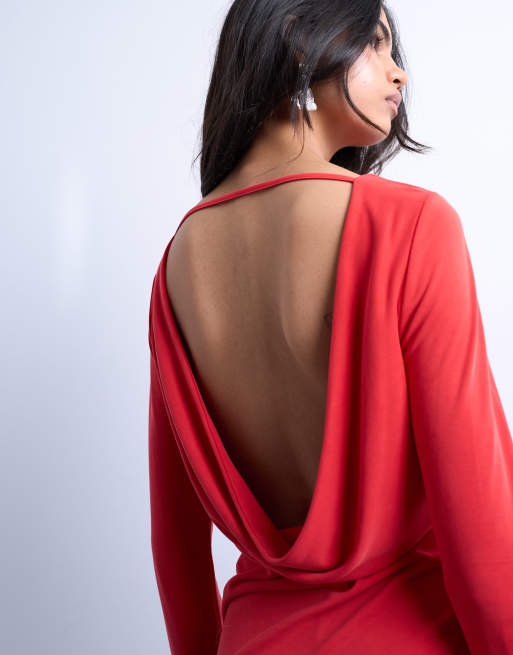 Vestido corto rojo de manga larga con espalda desbocada de cupro de Topshop, 3 de 4