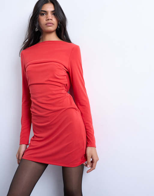 Vestido corto rojo de manga larga con espalda desbocada de cupro de Topshop, 4 de 4
