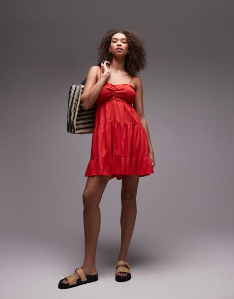 Vestido corto rojo escalonado con tirantes anudados en los hombros de lino de Emory Park - view 1