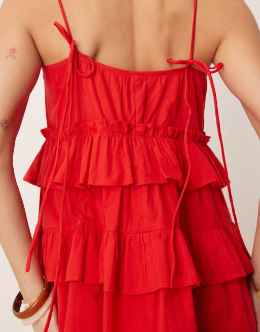 Vestido corto rojo escalonado con volantes de ASOS DESIGN , 3 de 4