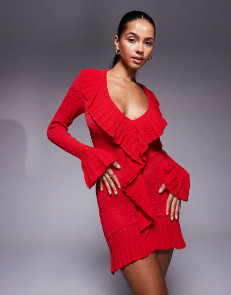 Vestido corto rojo escarlata con volantes de punto pointelle de Oh Polly - view 1