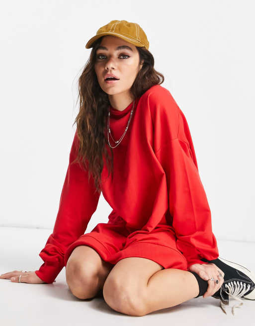 Vestido corto rojo estilo sudadera extragrande con capucha de ASOS DESIGN