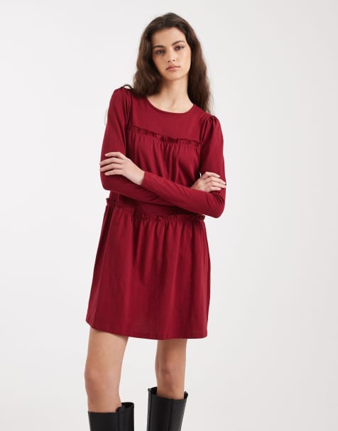 Vestido corto rojo guinda amplio con volantes de Miss Selfridge - view 1