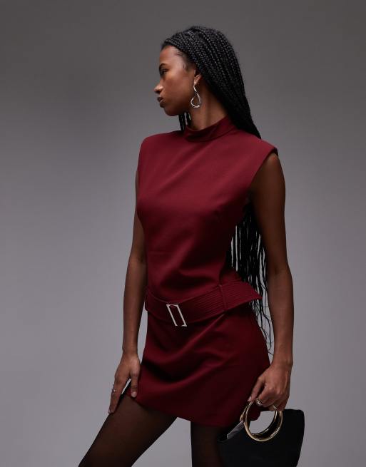Vestido corto rojo oscuro con cinturón y cuello alto de Mango ASOS