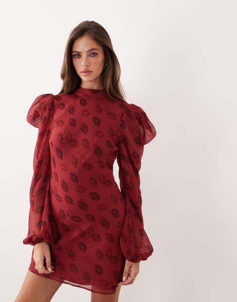 Vestido corto rojo oscuro con estampado de labios y cuello alto de ASOS DESIGN - view 1